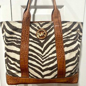 Michael Kors, MK, tote bag/purse, black & white zebra, tan/brown crocodile print